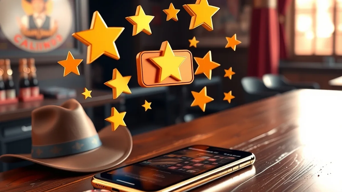 Étoiles dorées et bulles d'avis au-dessus d'un smartphone, avis Lizaro Casino
