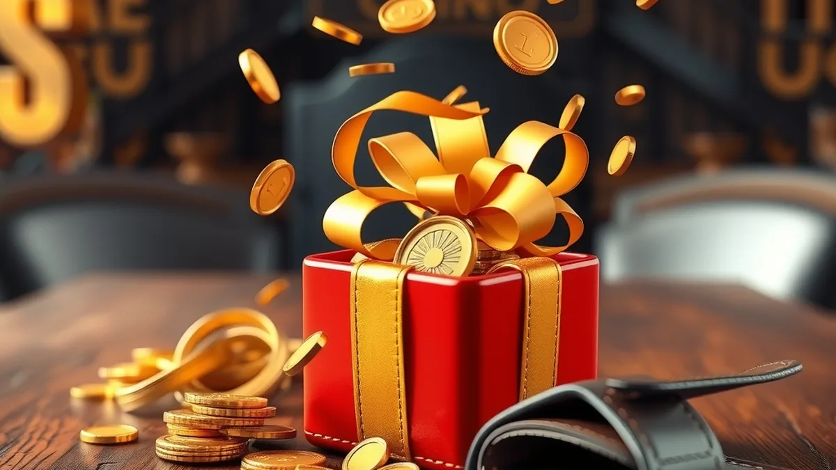 Coffret cadeau ouvert avec pièces et confettis, bonus sans dépôt Lizaro